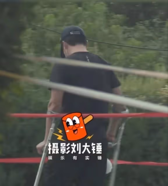 吳京拄拐杖獨自做核酸,雙手賣力支撐青筋直冒,腿受傷開車太費力