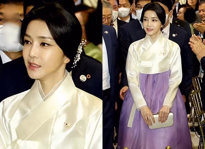 韓國第一夫人在美國穿韓服亮相!罕見盤起頭髮更驚艷,真是太嫩了