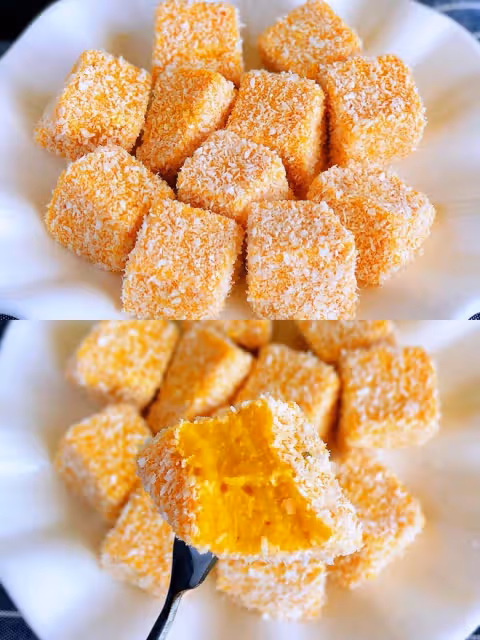 巨簡單的奶香南瓜糕，適合秋天吃的小零食，甜甜糯糯入口即化，小寶寶也能吃