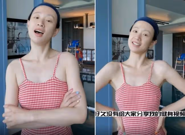 李夢素顏穿弔帶泳裝下水 大力拉伸不怕走光