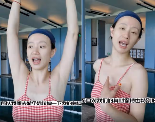 李夢素顏穿弔帶泳裝下水 大力拉伸不怕走光