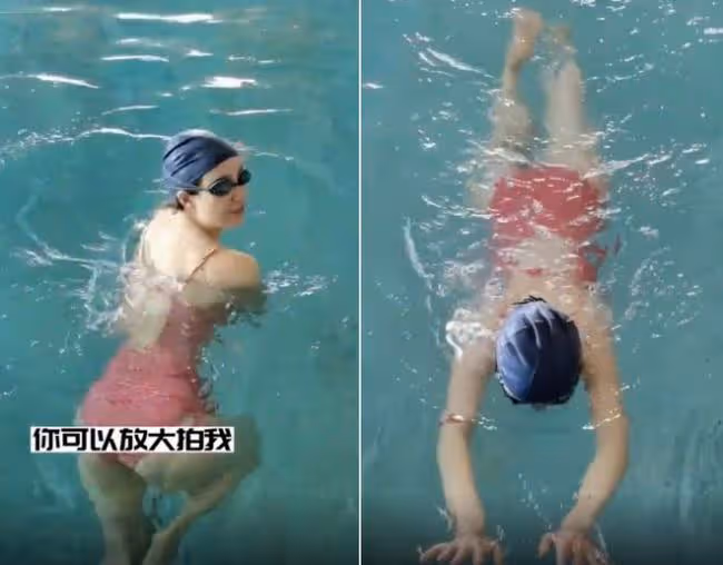 李夢素顏穿弔帶泳裝下水 大力拉伸不怕走光