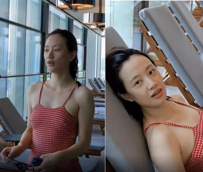 李夢素顏穿弔帶泳裝下水 大力拉伸不怕走光