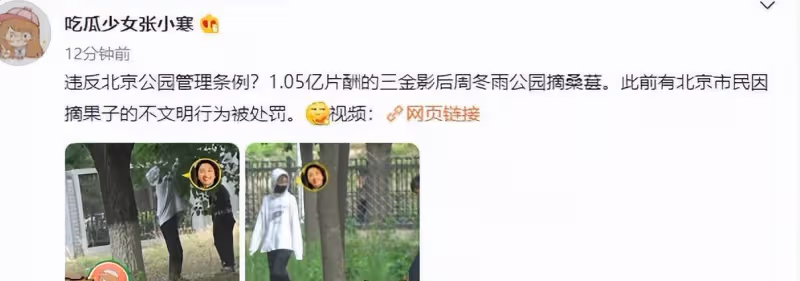 周冬雨被曝談戀愛後，與媽媽現身北京某公園，私下採摘水果，涉嫌違規