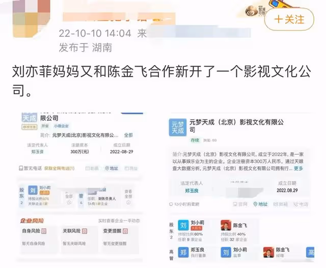 劉亦菲媽媽與陳金飛合開公司！雙方再次公開合作，楊采鈺恐被拋棄