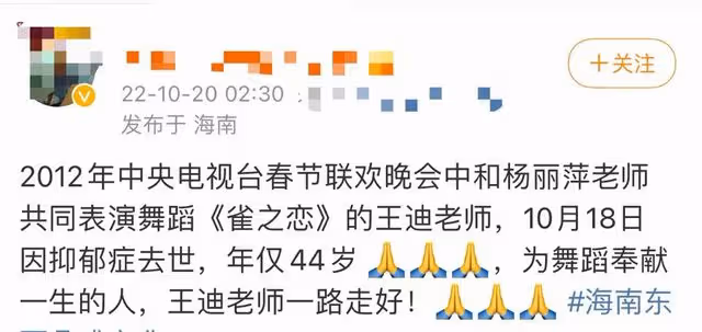 國家一級演員王迪因抑鬱症去世,曾登春晚與楊麗萍合作,年僅44歲