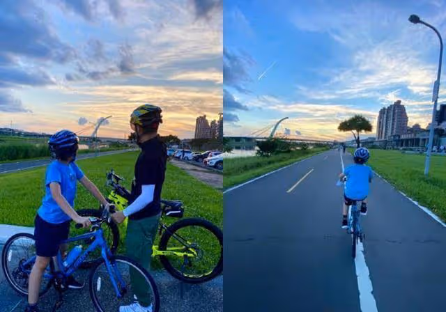 林志穎和kimi騎自行車,11歲兒子身高快趕上爸爸,膚色健康有肌肉
