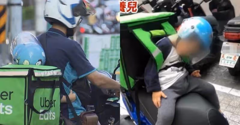 咬牙撐下去！24歲年輕爸獨力養家「日做鐵工9小時、晚上外送到淩晨」3歲兒揹保溫袋睡著！爸爸紅了眼眶：對不起孩子！