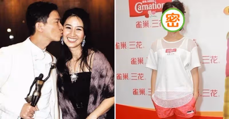 張家輝妻子很會吸引眼球，把騎行褲穿在短褲裡面，紅色衣服搶眼又熱情，根本看不出58歲