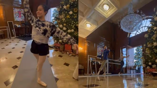 劉鑾雄大女兒豪宅中跳芭蕾，5米高的聖誕樹格外搶鏡