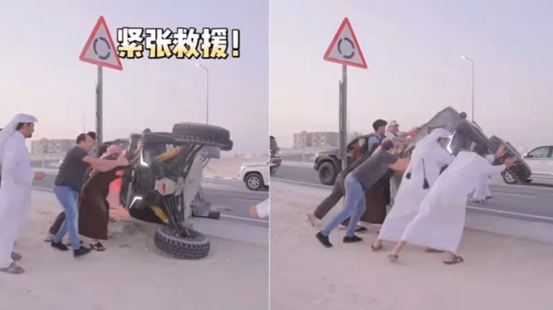 劉畊宏驚爆出車禍！帶妻遊卡達「開越野車耍帥甩尾」　驚悚畫面曝光「90度大翻車受困」民眾急衝救人