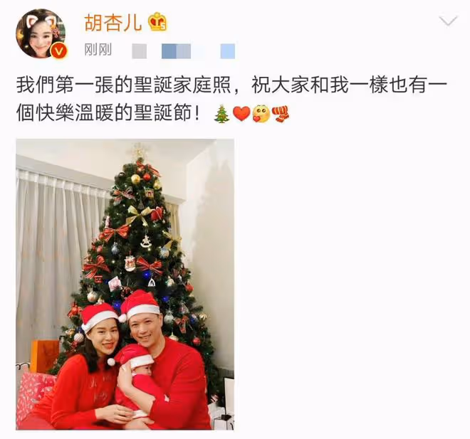 胡杏兒曬全家福，連續多年在一棵聖誕樹前合影，三兄弟牽手超有愛