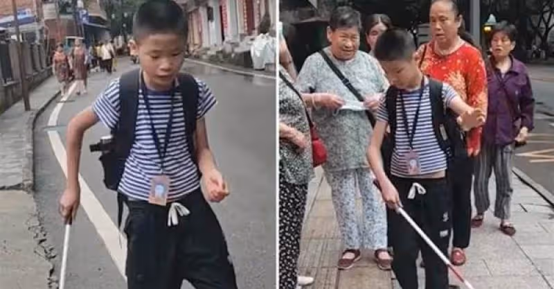 眼盲男孩獨自去上學，媽媽悄悄跟隨保護，路人默默伸出援手