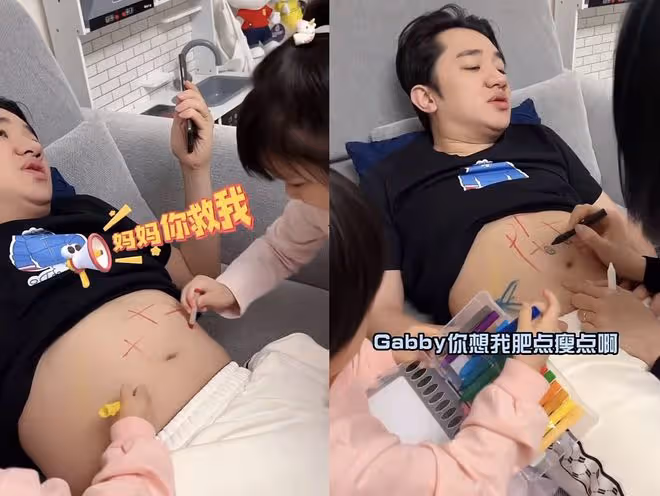 王祖藍曬寵娃日常,用肚子給兩個女兒當畫板,陳赫也被女兒們畫臉