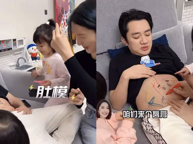 王祖藍曬寵娃日常,用肚子給兩個女兒當畫板,陳赫也被女兒們畫臉