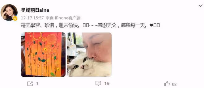吳綺莉獨自迎新年，和寵物貓一起過生活，女兒吳卓林繼續叛逆