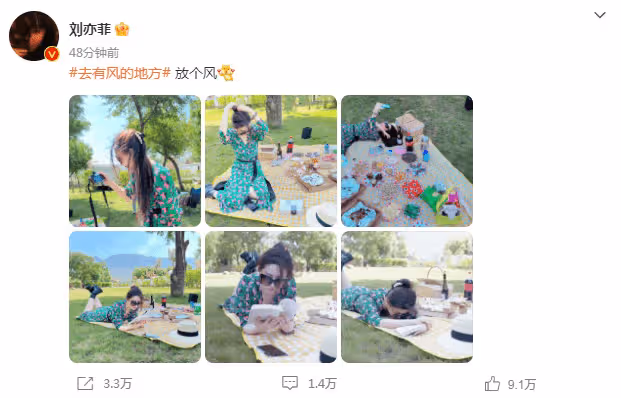 35歲劉亦菲曬戶外野餐照，穿綠色長裙盡顯優雅，趴草地上愜意自在
