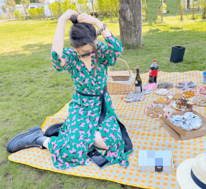 35歲劉亦菲曬戶外野餐照，穿綠色長裙盡顯優雅，趴草地上愜意自在