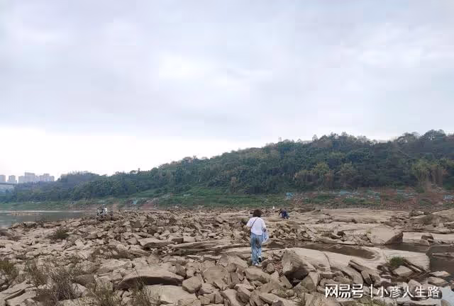 渝北嘉陵江畔亂石灘,怪石嶙峋凸凹不平,遊客扎堆好鬧熱