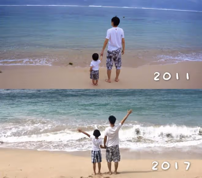 林志穎重遊巴厘島，曬父子多年海邊牽手對比照，一條褲子穿12年