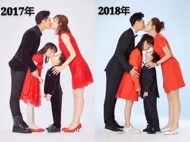 田亮除夕曬全家福,為增高腳踩木頭,14歲森碟1米7和媽媽一樣高