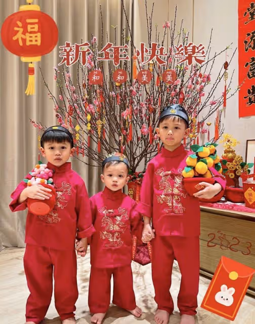胡杏兒夫婦春節給兒子們發紅包,母子四人穿唐裝,牽手逛街好拉風