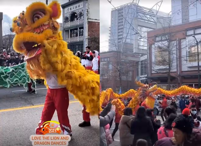鍾麗緹長女加拿大過年，穿唐裝打扮喜慶，到唐人街看舞獅很歡樂