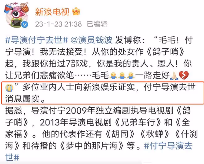 51歲導演付寧去世,代表作有《鴿子哨》,曾與關曉彤多次合作