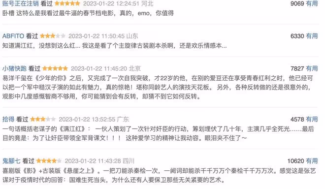 《流浪地球2》《滿江紅》票房均破10億，《無名》滑檔至今未破3億