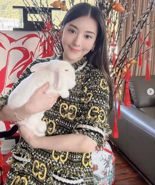 方媛抱兔子送新年祝福，寬鬆小腹像是懷了第三胎，孕相十足