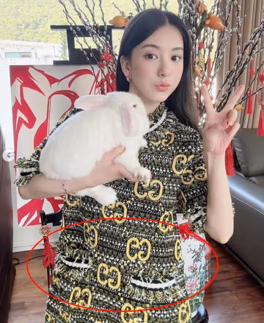 方媛抱兔子送新年祝福，寬鬆小腹像是懷了第三胎，孕相十足