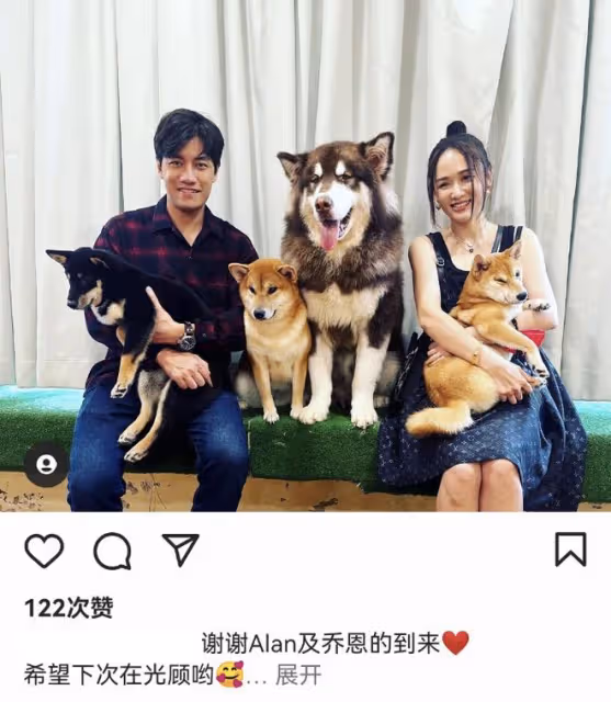 陳喬恩回馬來西亞看望公婆,春節和丈夫一起擼狗,合影像一家六口
