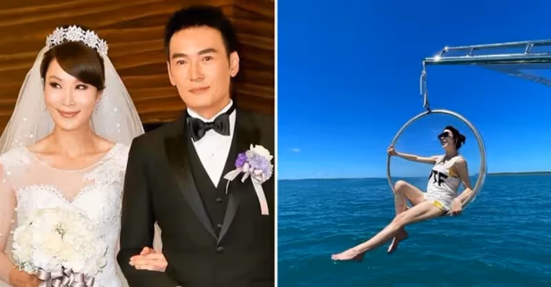 焦恩俊前妻海上秀身材！52歲風韻猶存，坐懸空玻璃碗凹造型，網友直呼：一雙白皙長腿太吸睛