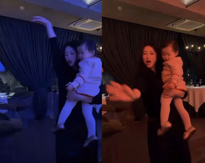 朱珠抱1歲女兒在餐廳跳舞,手舞足蹈興致高,身姿曼妙風情萬種