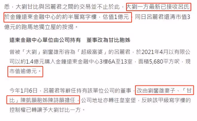 劉鑾雄再出手!低調接收呂麗君的1億寫字樓,女方虧光20億被嘲蠢