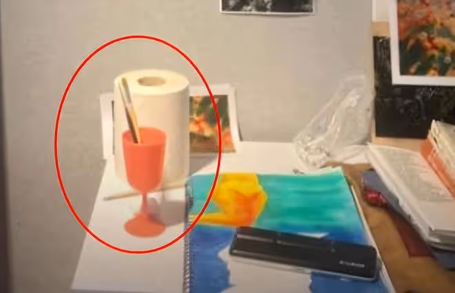 李嫣分享學校宿舍內景：書桌放著捲筒紙和畫筆，牆上貼著課表作品