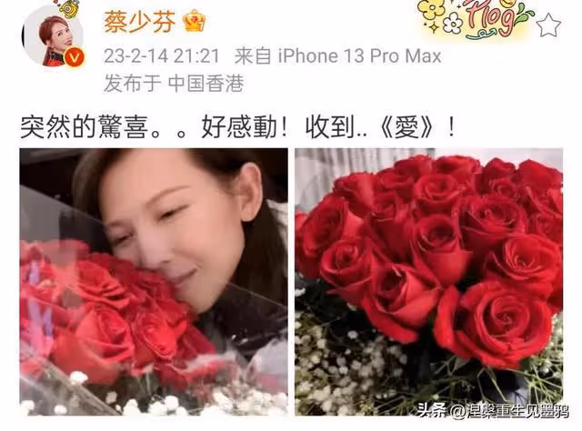 蔡少芬情人節夜晚收到驚喜，隔空對張晉說:愛你，愛你