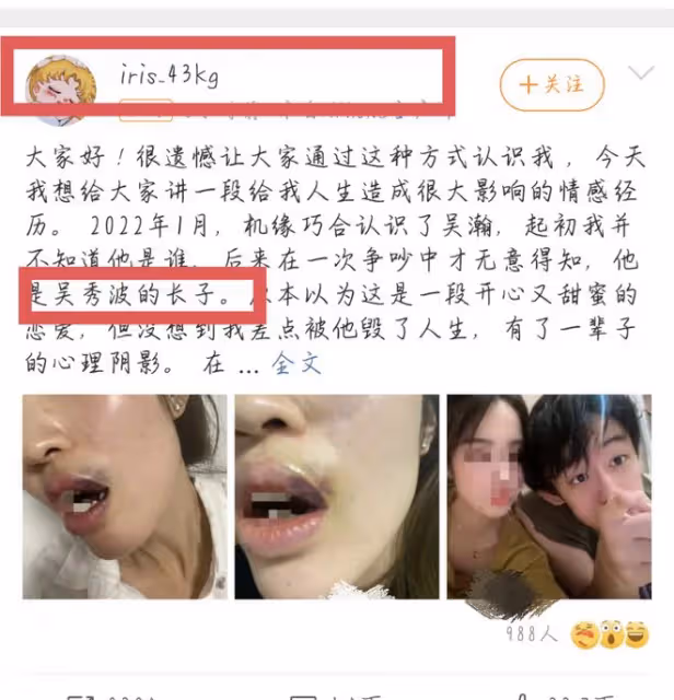 壞人基因也遺傳?吳秀波大兒子被曝家暴女友,曾盯女友上樓防驗傷