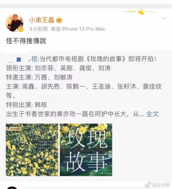 王晶曝劉亦菲推掉成龍新片《傳說》，接演電視劇《玫瑰的故事》