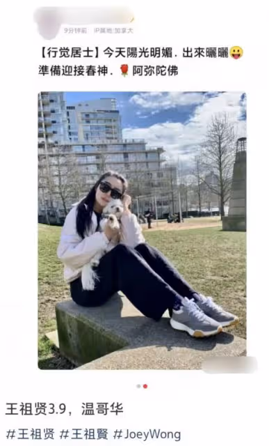 56歲王祖賢踏青，頭髮濃密皮膚白皙似少女，終身未嫁與狗狗為伴