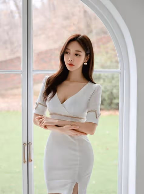 知性高腰，鑲金純白連衣裙，清純小姐姐，突顯精美秀氣