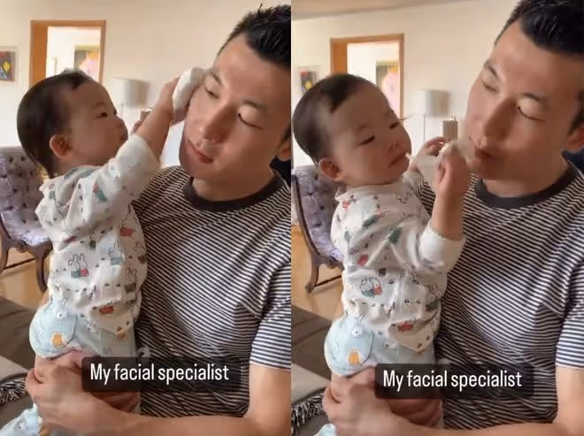 朱珠1歲女兒給爸爸洗臉好貼心,拍臉頰動作太真實,父女都未笑場