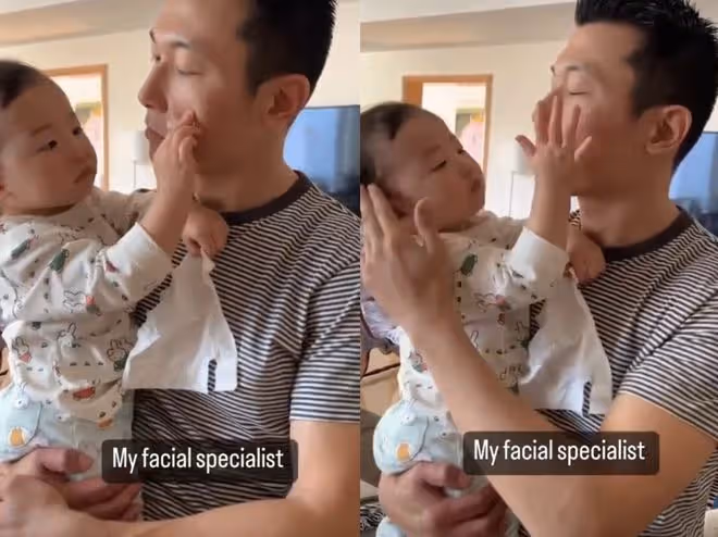 朱珠1歲女兒給爸爸洗臉好貼心,拍臉頰動作太真實,父女都未笑場