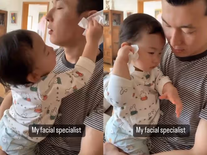 朱珠1歲女兒給爸爸洗臉好貼心,拍臉頰動作太真實,父女都未笑場
