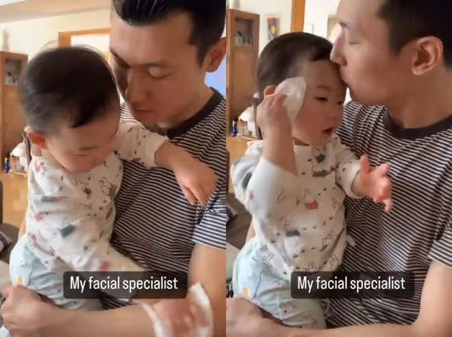 朱珠1歲女兒給爸爸洗臉好貼心,拍臉頰動作太真實,父女都未笑場