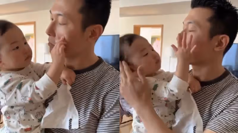 朱珠1歲女兒給爸爸洗臉好貼心，拍打臉頰動作太真實，父女倆都未笑場