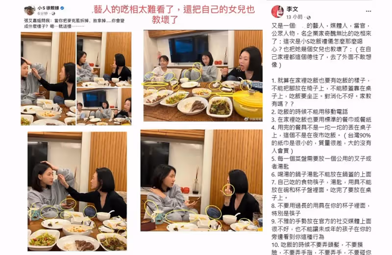 小S曬用餐照引差評,李敖女兒斥其教壞女兒,盛讚汪小菲不會如此