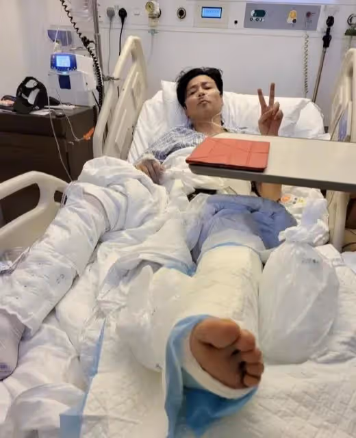 突發!蔡少芬老公張晉受重傷住院,鼻子插著氧氣,雙腿打滿了石膏
