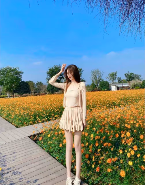 氣質優雅的小姐姐，抹胸弔帶搭配百褶裙，減齡顯瘦更時髦