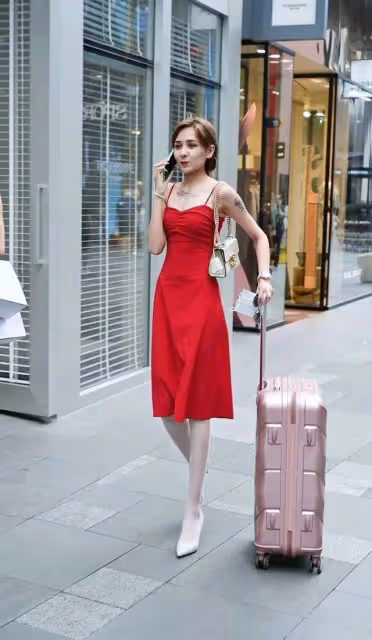美女一襲紅色弔帶連衣長裙，展示出自己與眾不同的魅力